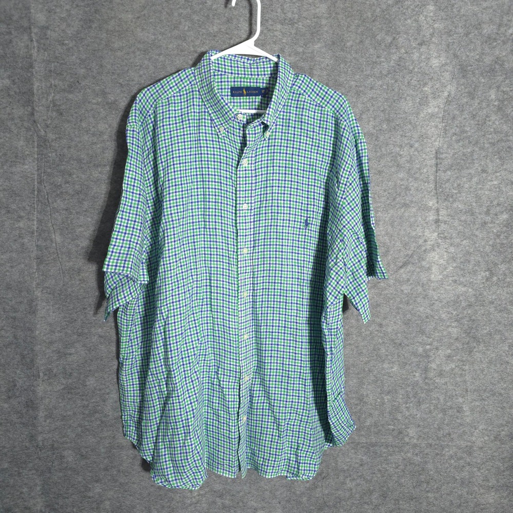 Ralph Lauren Shirt Mens 2XB Green Blue Gingham Linen Short Sleeve Button Down